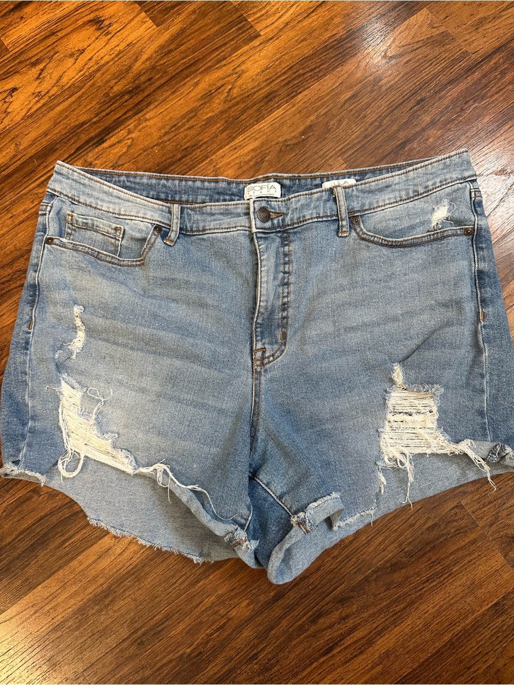 SOFIA Light Blue Distressed High-Rise Denim Shorts